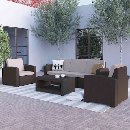 Flash Furniture 4 Piece Chocolate Brown Outdoor Faux Rattan Set DAD-SF-113R-CBN-GG